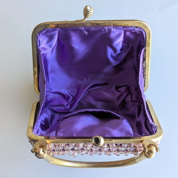 Bead Crochet Top Handle Kiss Lock Frame Bag Pink Purple Gold - Picture 7 of 11